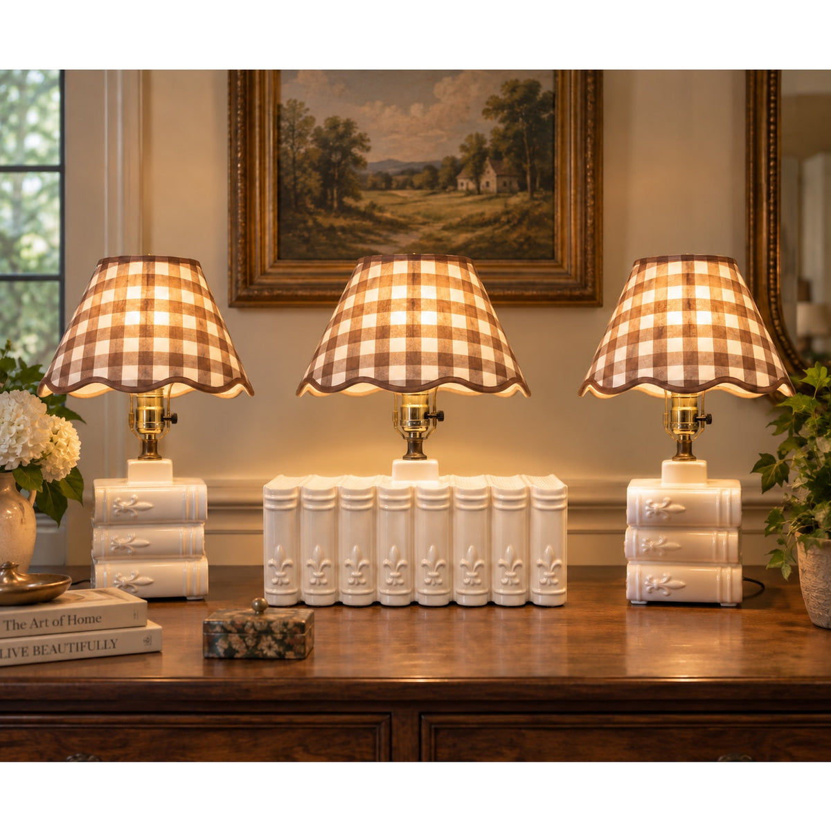 Vintage Book Lamps Set of 3 Ceramic Stacked Books Fleur de Lis Table Lamps – main view