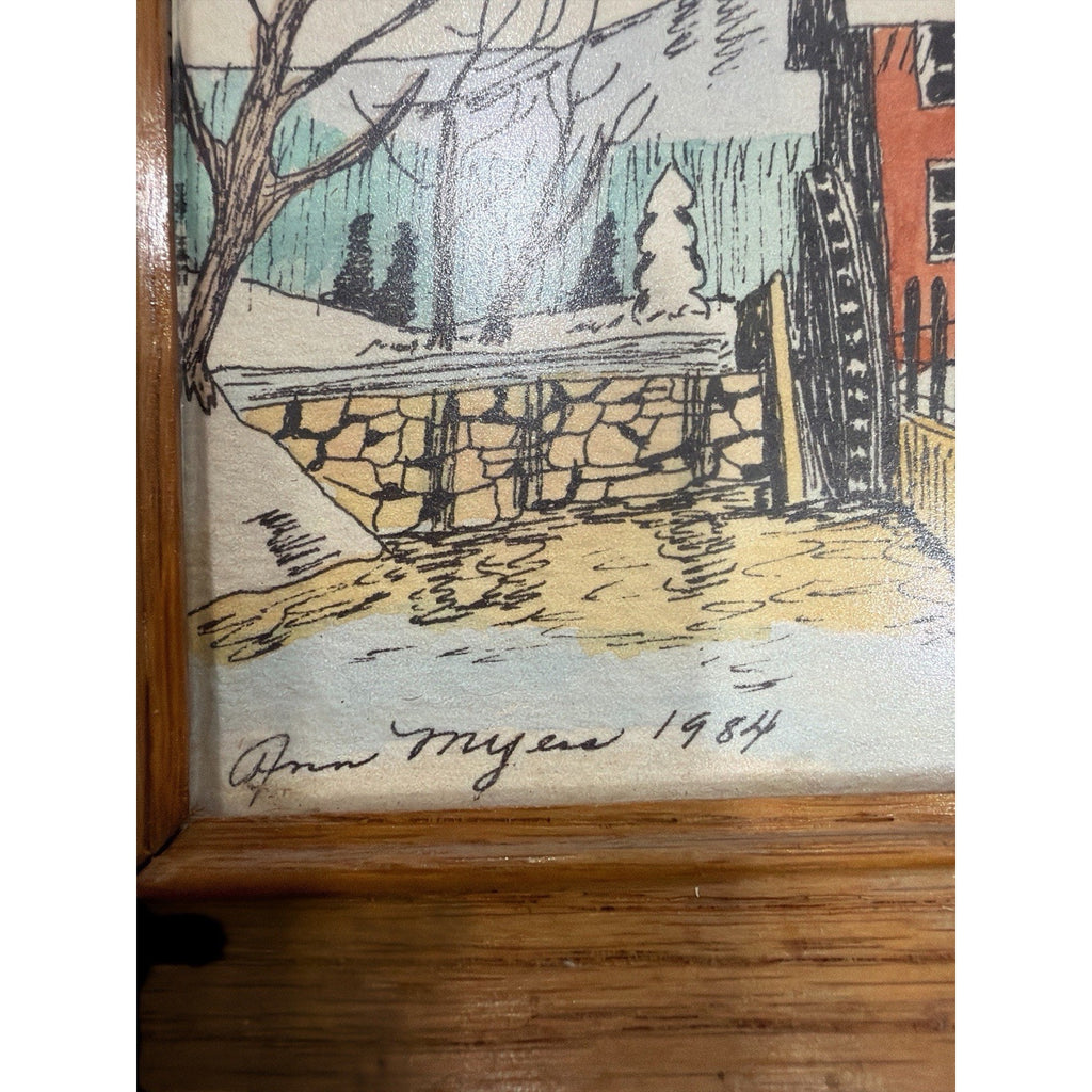 Original Watercolor Farmhouse Paintings Signed Ann Myers Pair Framed Folk Art