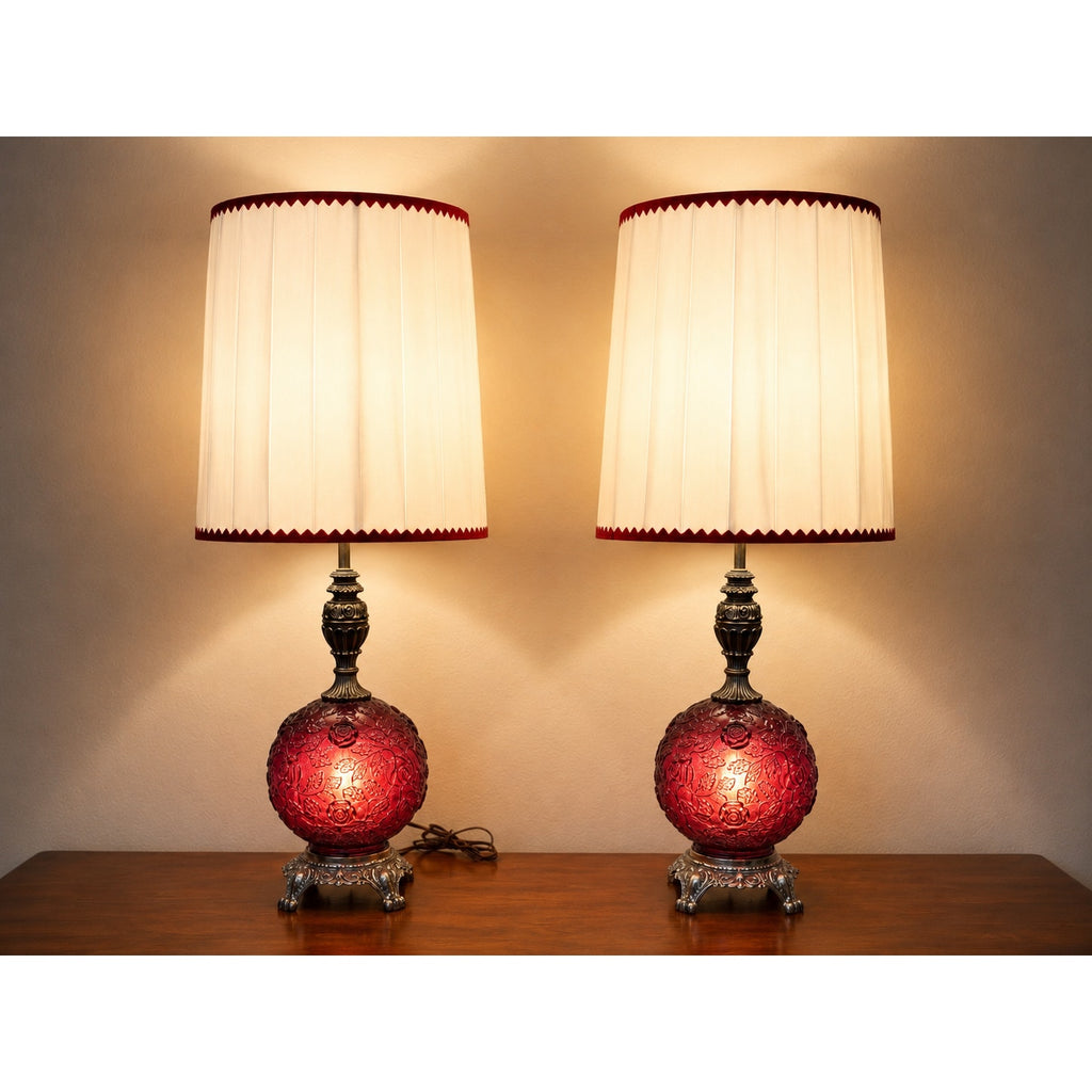 Pair Vintage Ruby Red Glass 3-Way Table Lamps Lighted Bases Roses 28" – main view