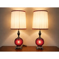 Pair Vintage Ruby Red Glass 3-Way Table Lamps Lighted Bases Roses 28" – main view