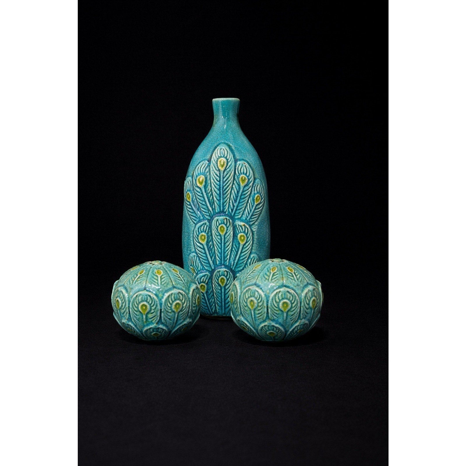 Vintage Turquoise Crackle Glaze Peacock Ceramic Vase & Orb Decor Set of 3