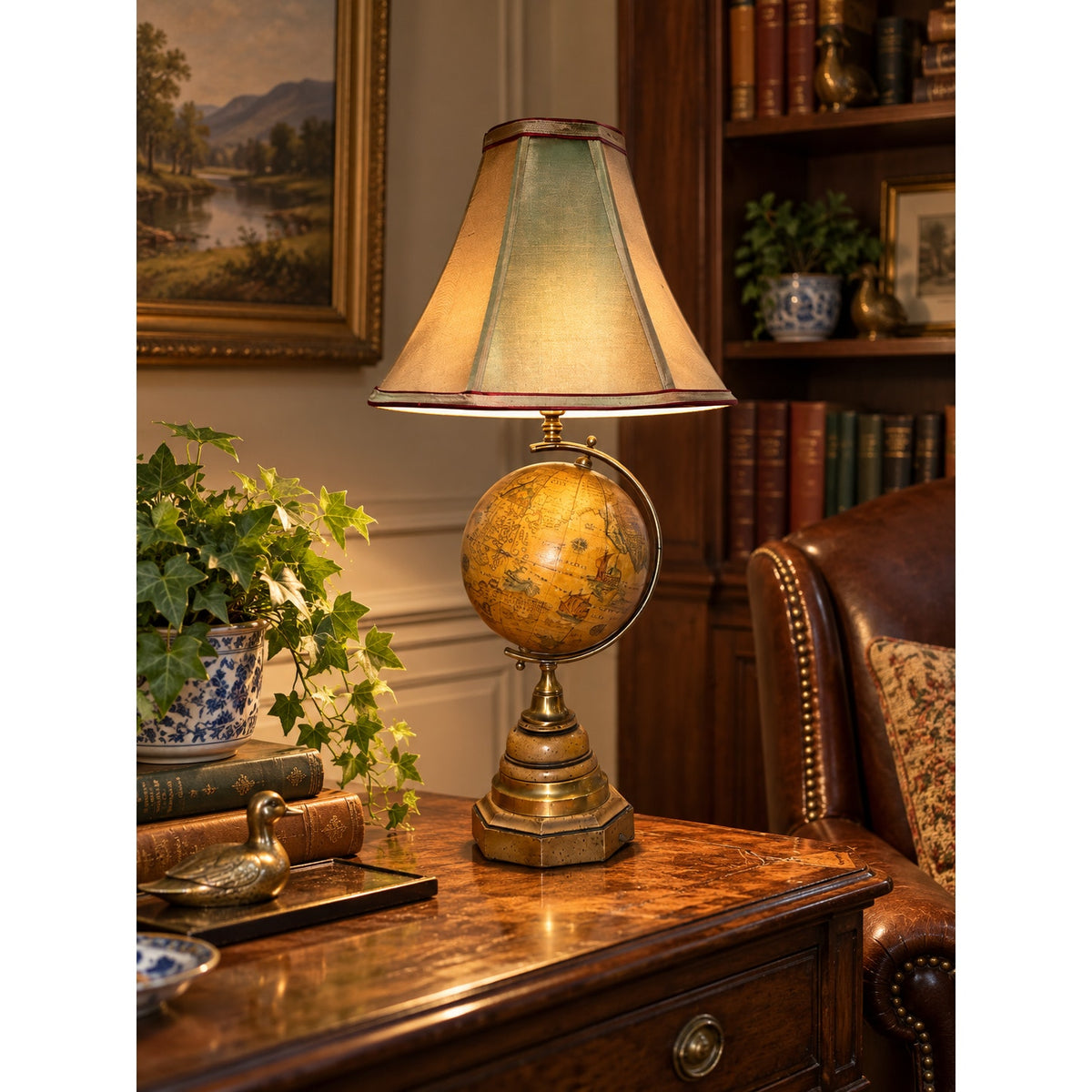Vintage Old World Globe Table Lamp Antiqued Brass Library Decor 24 Inch