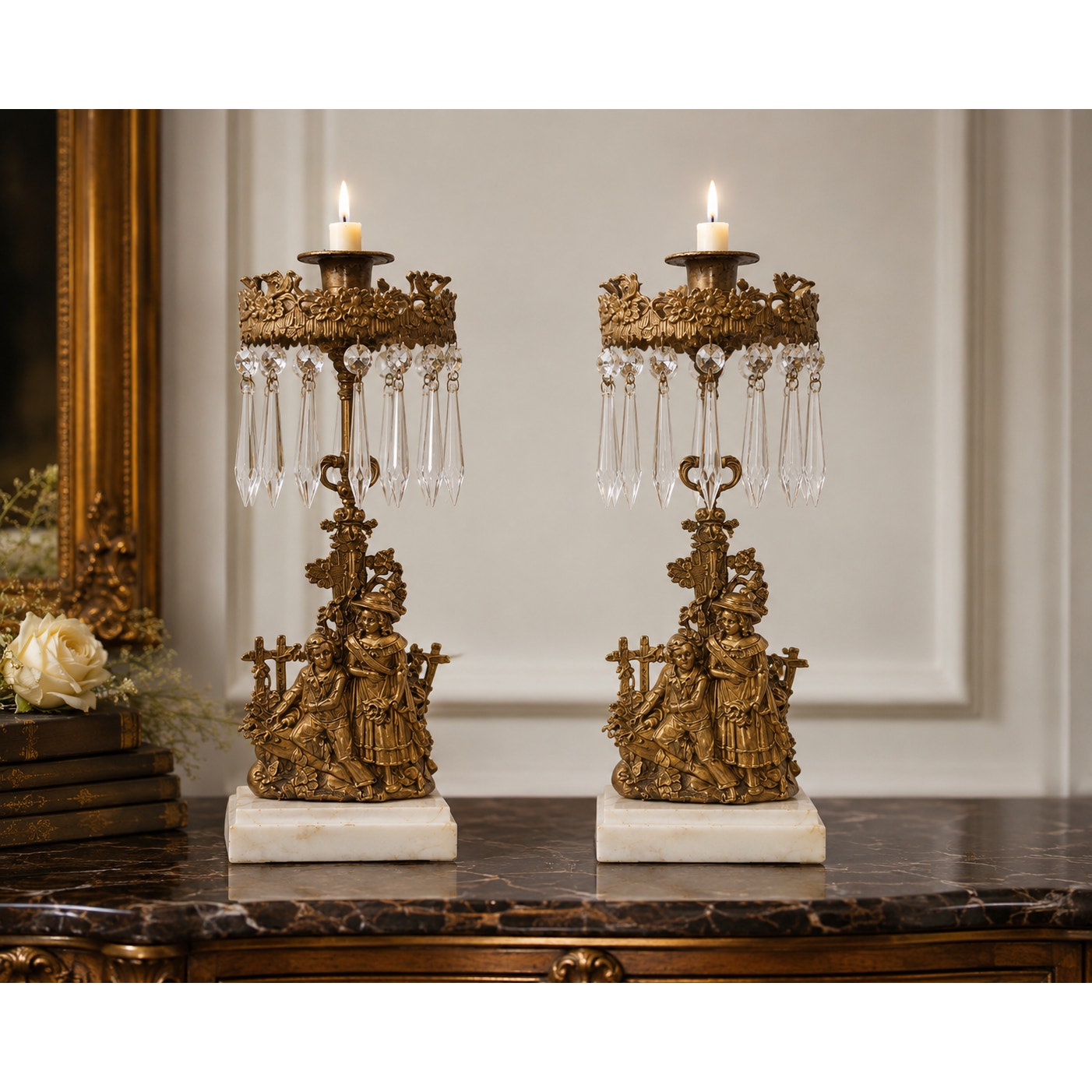 Antique Victorian Figural Girandole Candlesticks Pair Marble Crystal Prisms