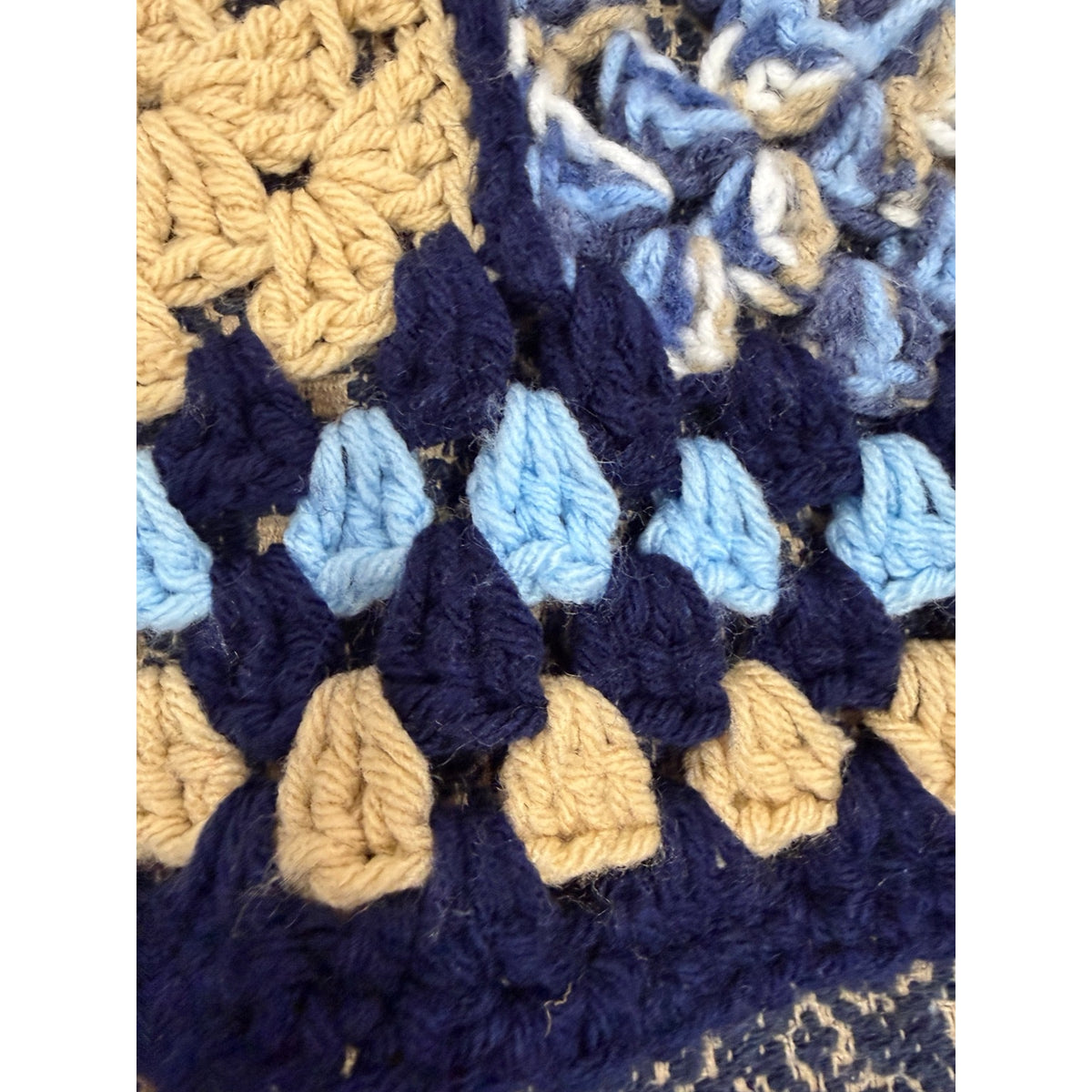 Handmade Crochet Patchwork Afghan Blanket Navy Blue Tan 45 x 45