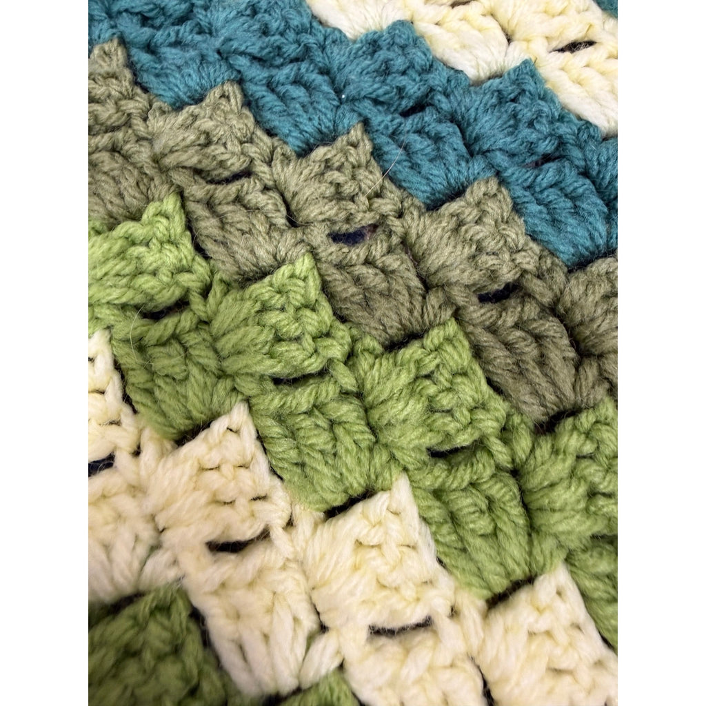 Vintage Crochet Afghan Throw Avocado Green Striped 1970s 60 x 37