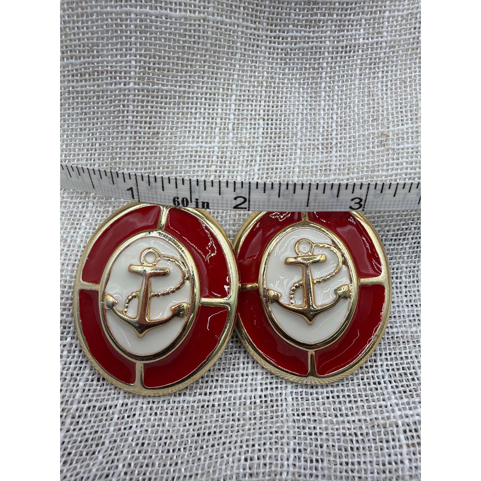 Vintage Nautical Anchor Earrings: Red Enamel Gold Clip-On Statement Coastal