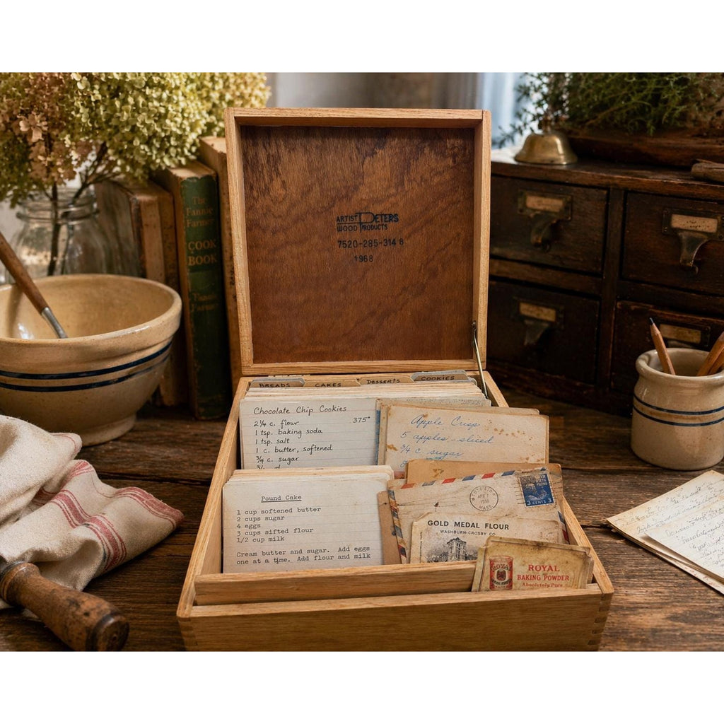 Vintage 1968 Wooden Recipe Box: Dovetail Farmhouse Kitchen Organizer