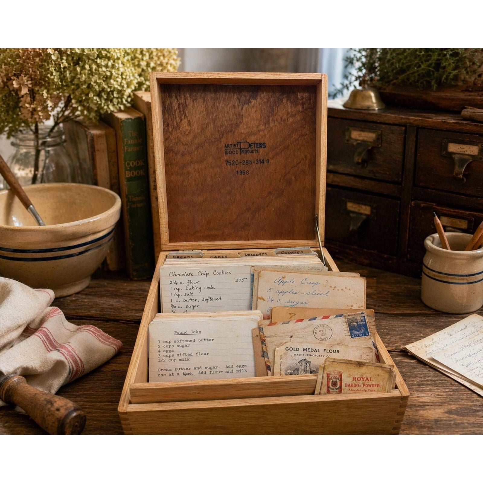 Vintage 1968 Wooden Recipe Box: Dovetail Farmhouse Kitchen Organizer