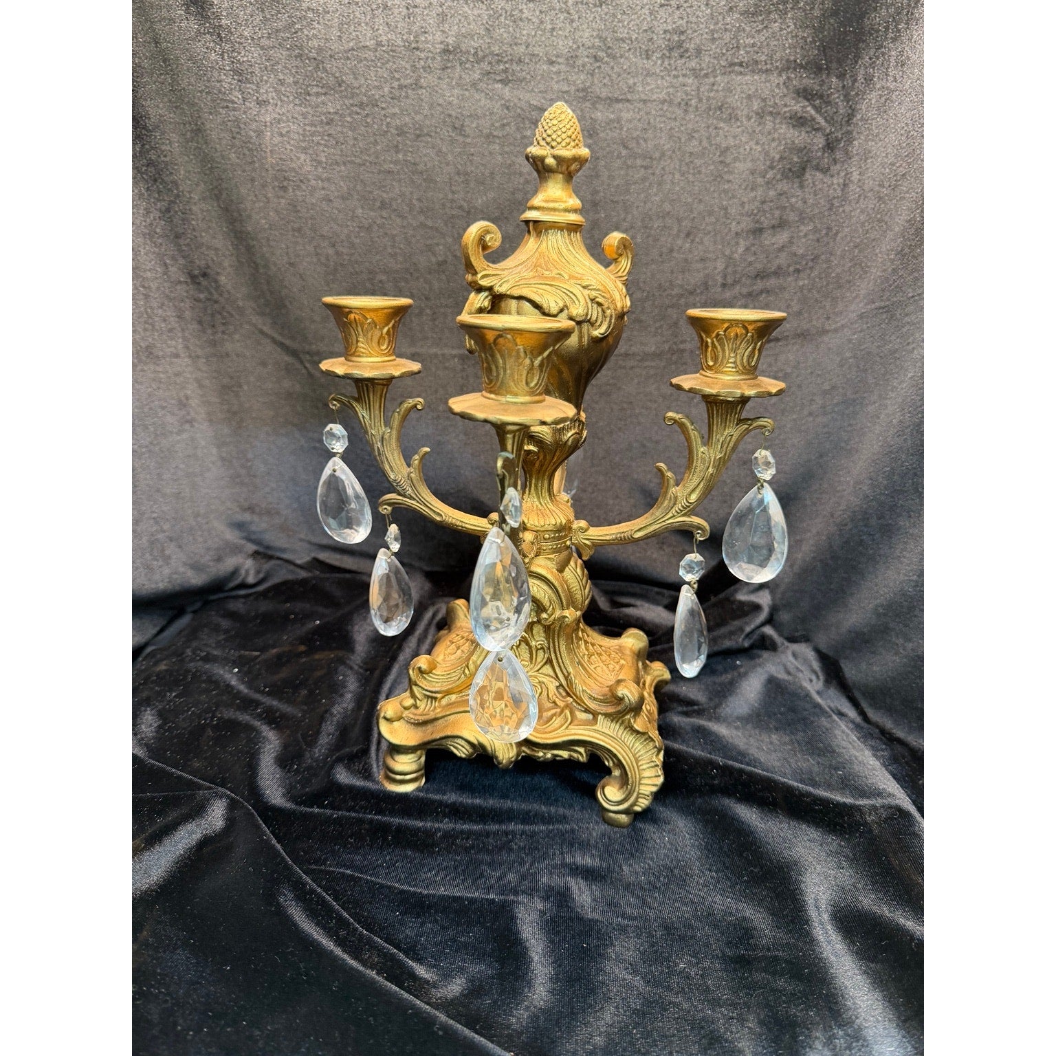 Vintage Gold Tone Crystal Prism 4 Light Candelabra Taper Candle Holder