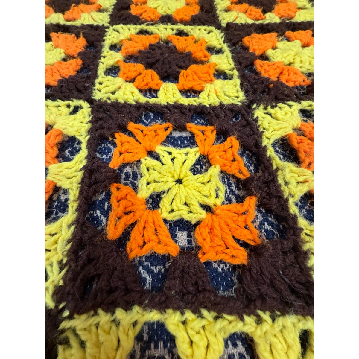Vintage 1970s Granny Square Afghan Orange Brown Yellow Crochet 72 x 52