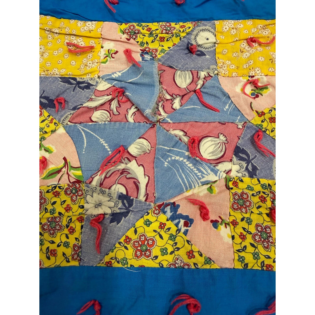 Vintage Hand Pieced Quilt Handmade Tied Quilt Depression Era Feed Sack Fabric