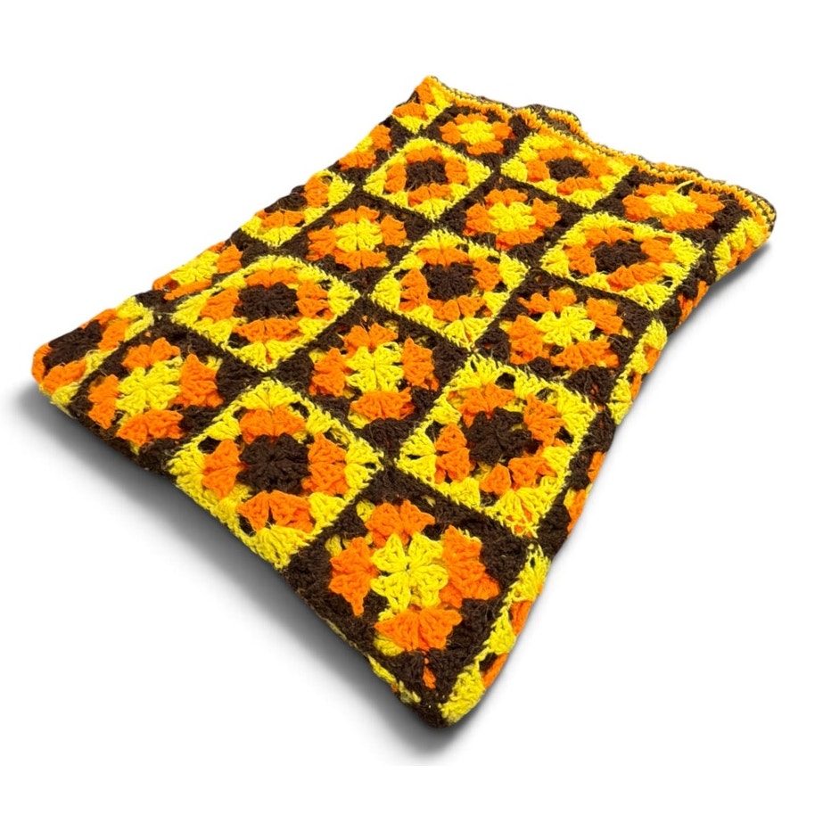 Vintage 1970s Granny Square Afghan Orange Brown Yellow Crochet 72 x 52