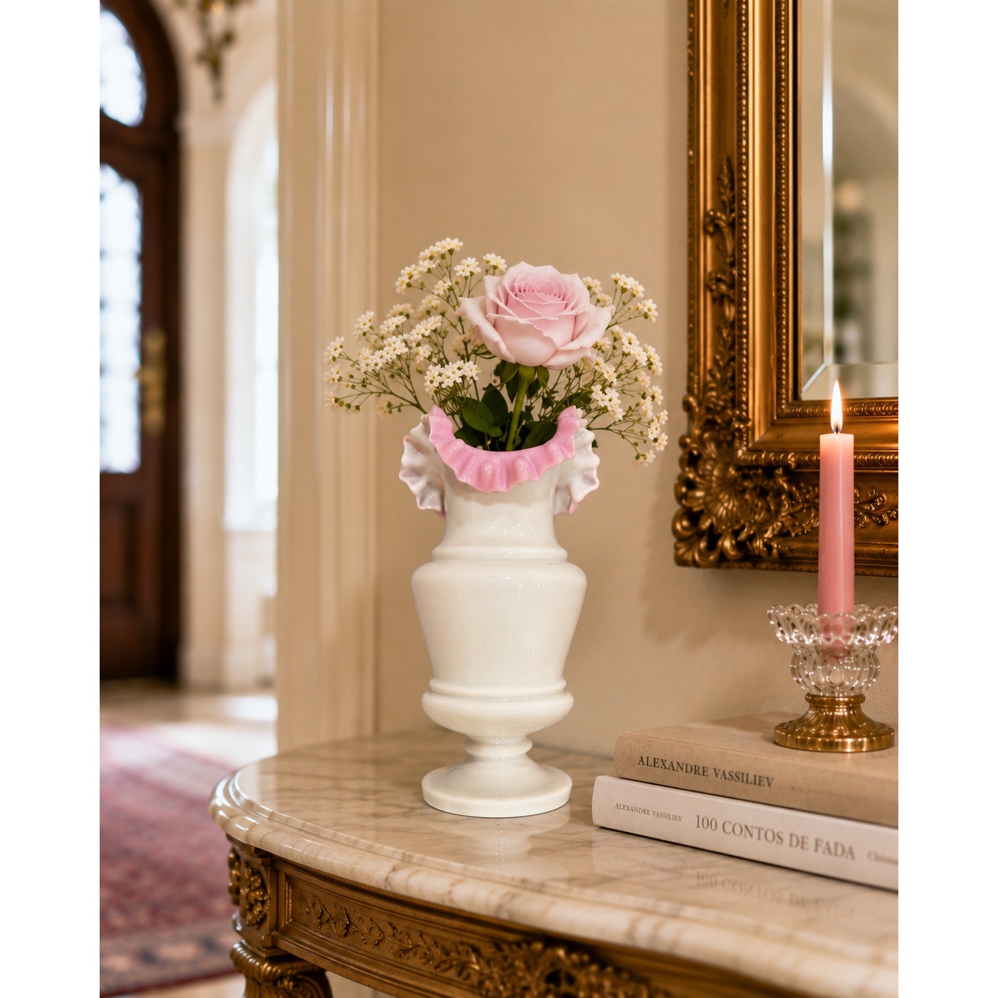Antique Victorian Opaline Bristol Glass Vase, Hand Blown White & Pink Ruffled Art Glass, 10” Pedestal Vase, Elegant Victorian Home Decor