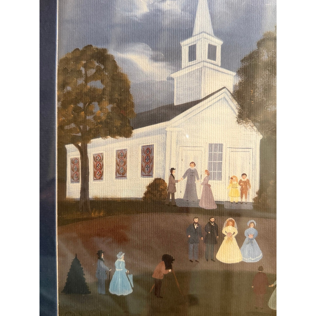 Jean Colquhoun Folk Art Wedding Church Horse Carriage Framed Americana