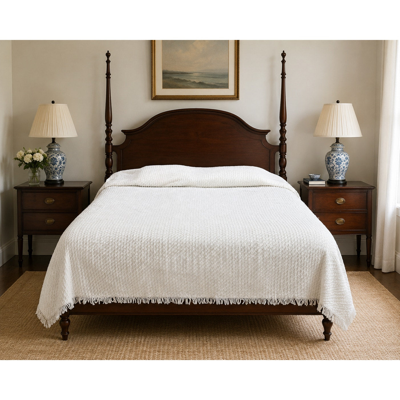 Vintage White Chenille Bedspread Queen Size 82x104 Crosshatch Fringe Cotton MCM