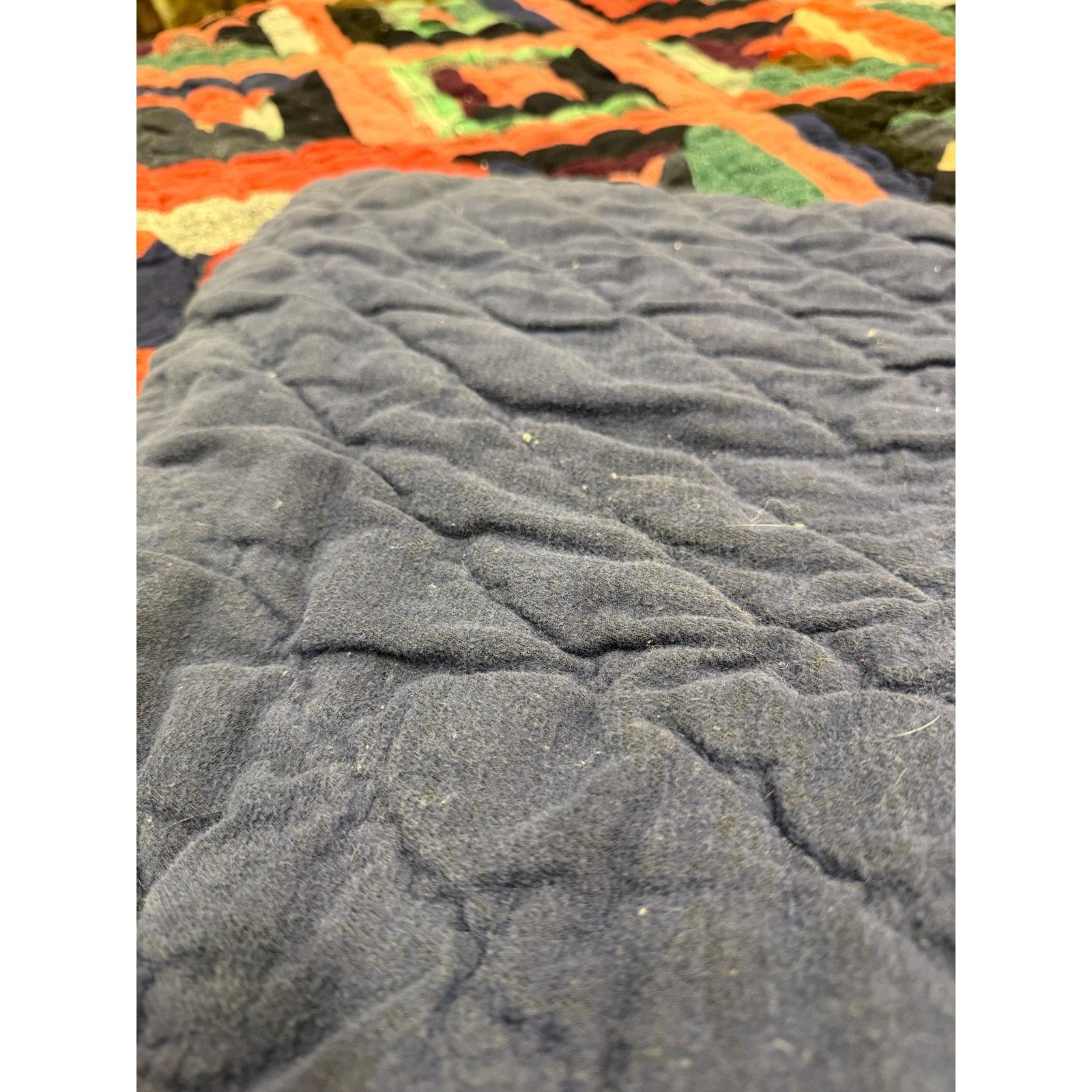 Antique Hand Pieced Wool Quilt: Primitive Folk Art Textile, Flannel Backing (77x64)