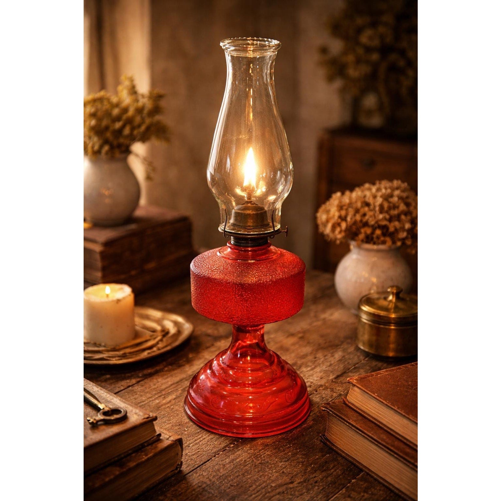 Antique Red Glass Oil Lamp P&A Burner Victorian Kerosene Lamp