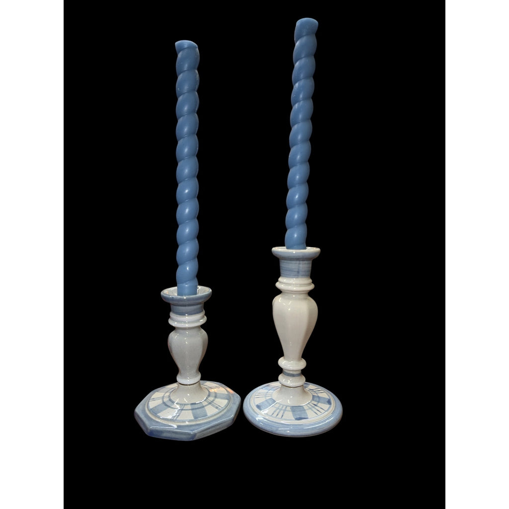 Vintage Louisville Stoneware Candlesticks Blue White Set with Twisted Tapers