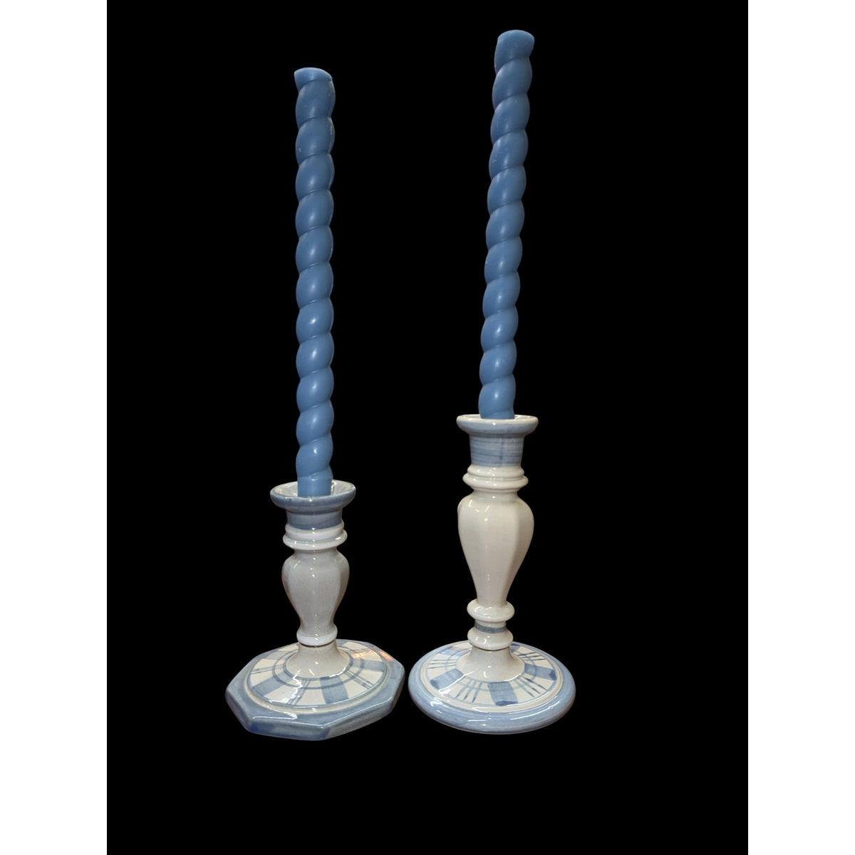 Vintage Louisville Stoneware Candlesticks Blue White Set with Twisted Tapers