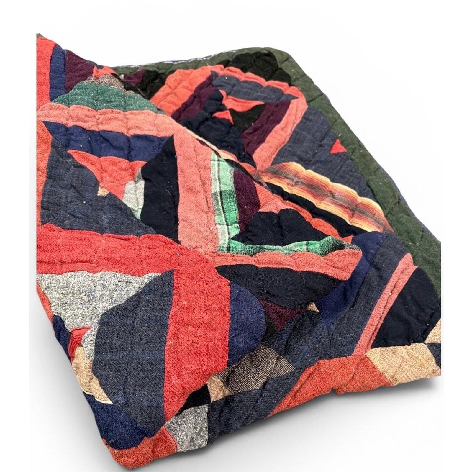 Antique Hand Pieced Wool Quilt: Primitive Folk Art Textile, Flannel Backing (77x64)