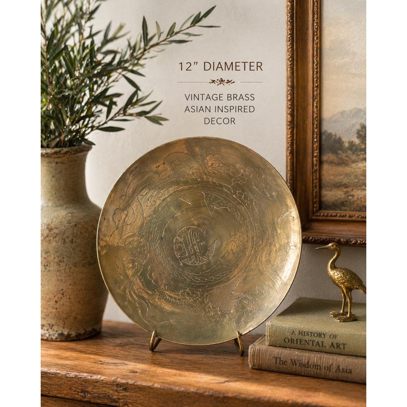 Vintage Brass Dragon Bowl 12 Asian Engraved Brass Charger Decor