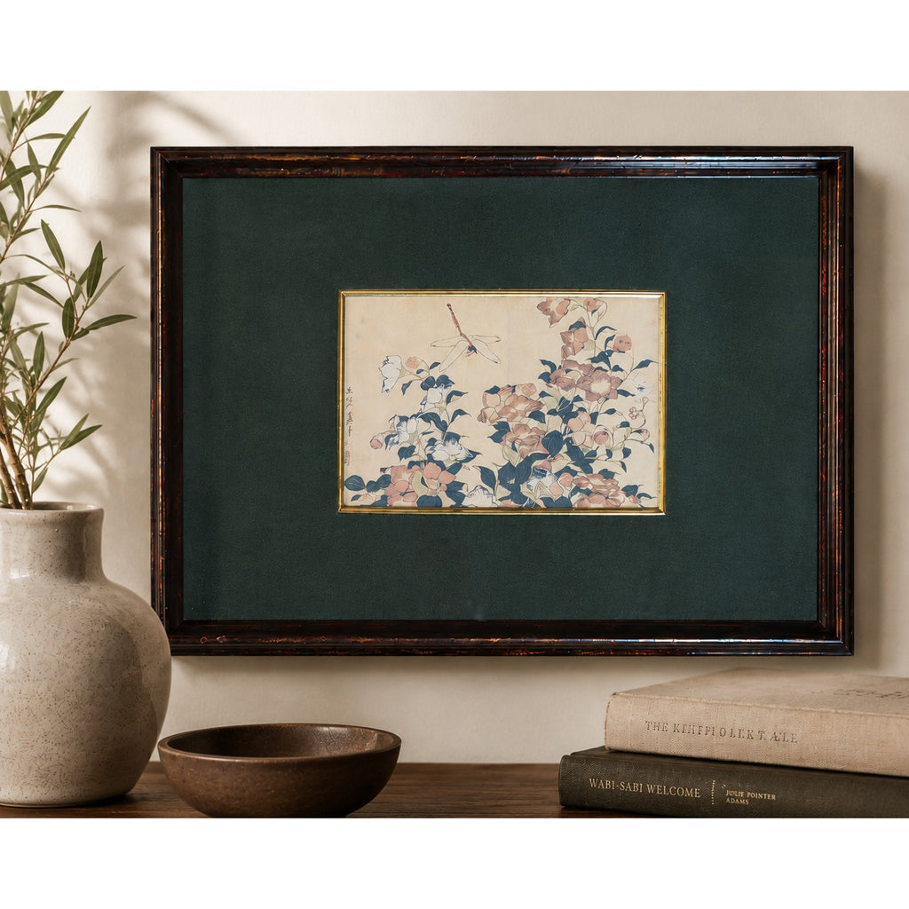 Vintage Japanese Dragonfly Botanical Print Framed Washi Paper Asian Wall Art