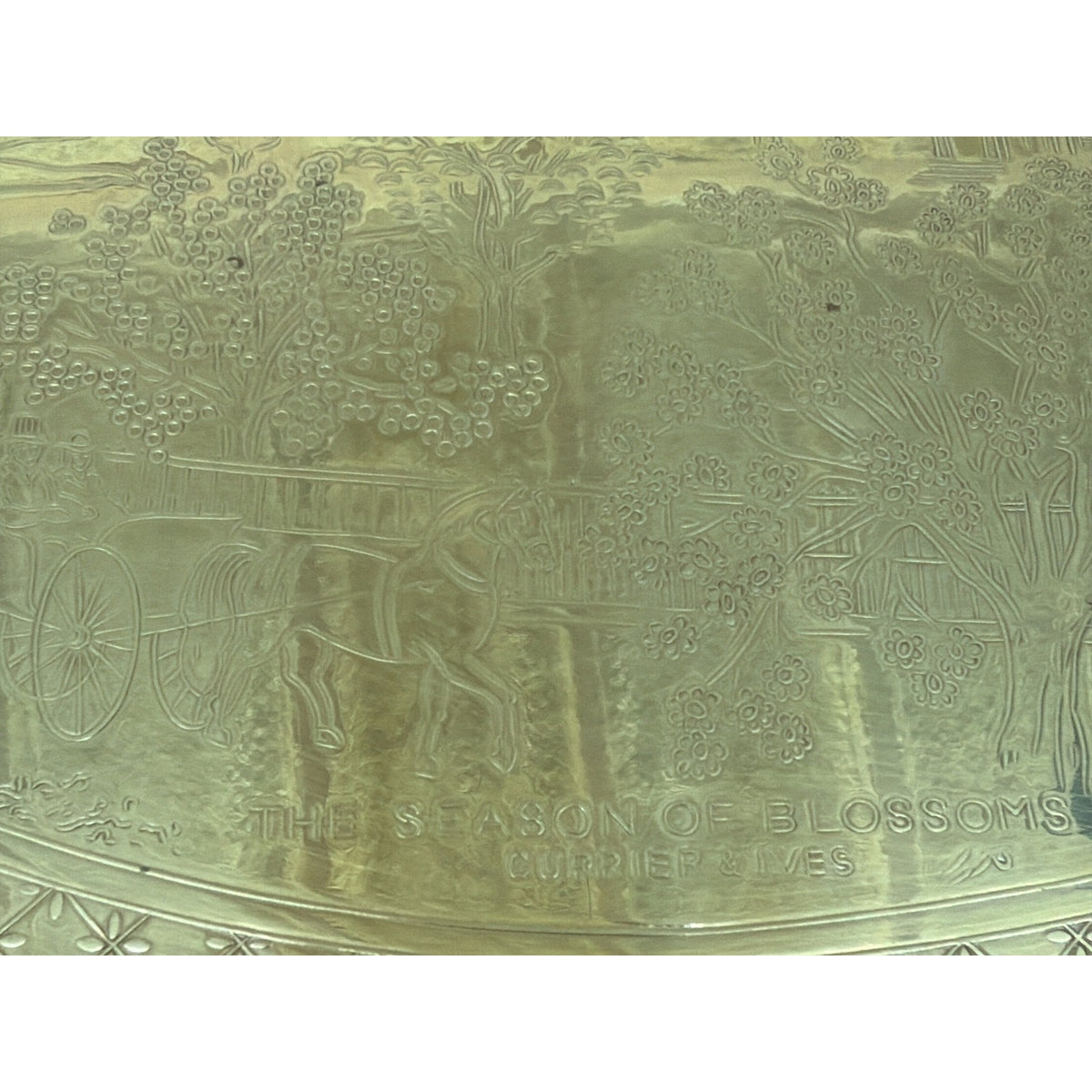 Vintage Currier & Ives Gold Tone Oval Tray The Season of Blossoms 16 Inch