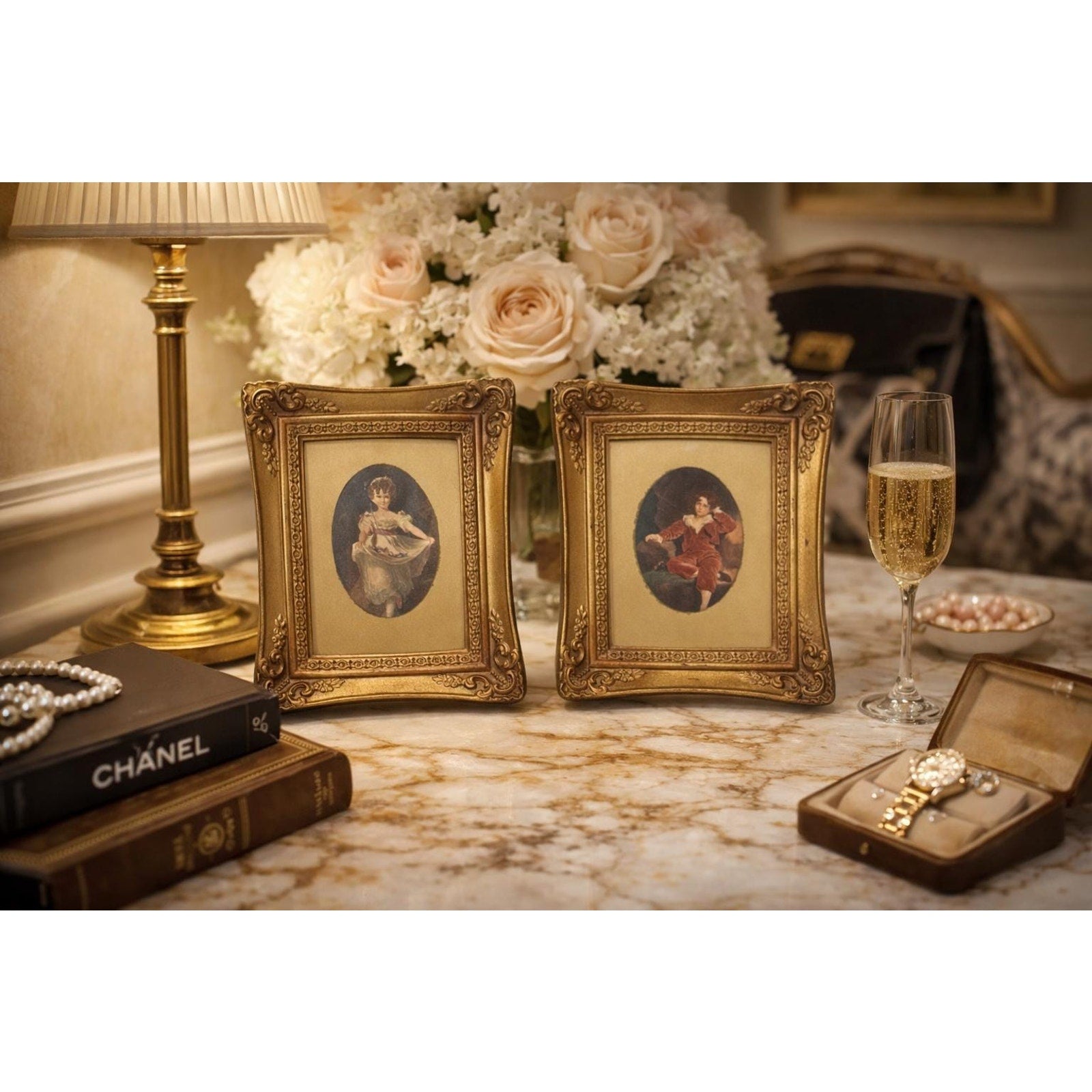 Vintage Romantic Portrait Wall Art Pair Gold Ornate Frames Cottage Decor