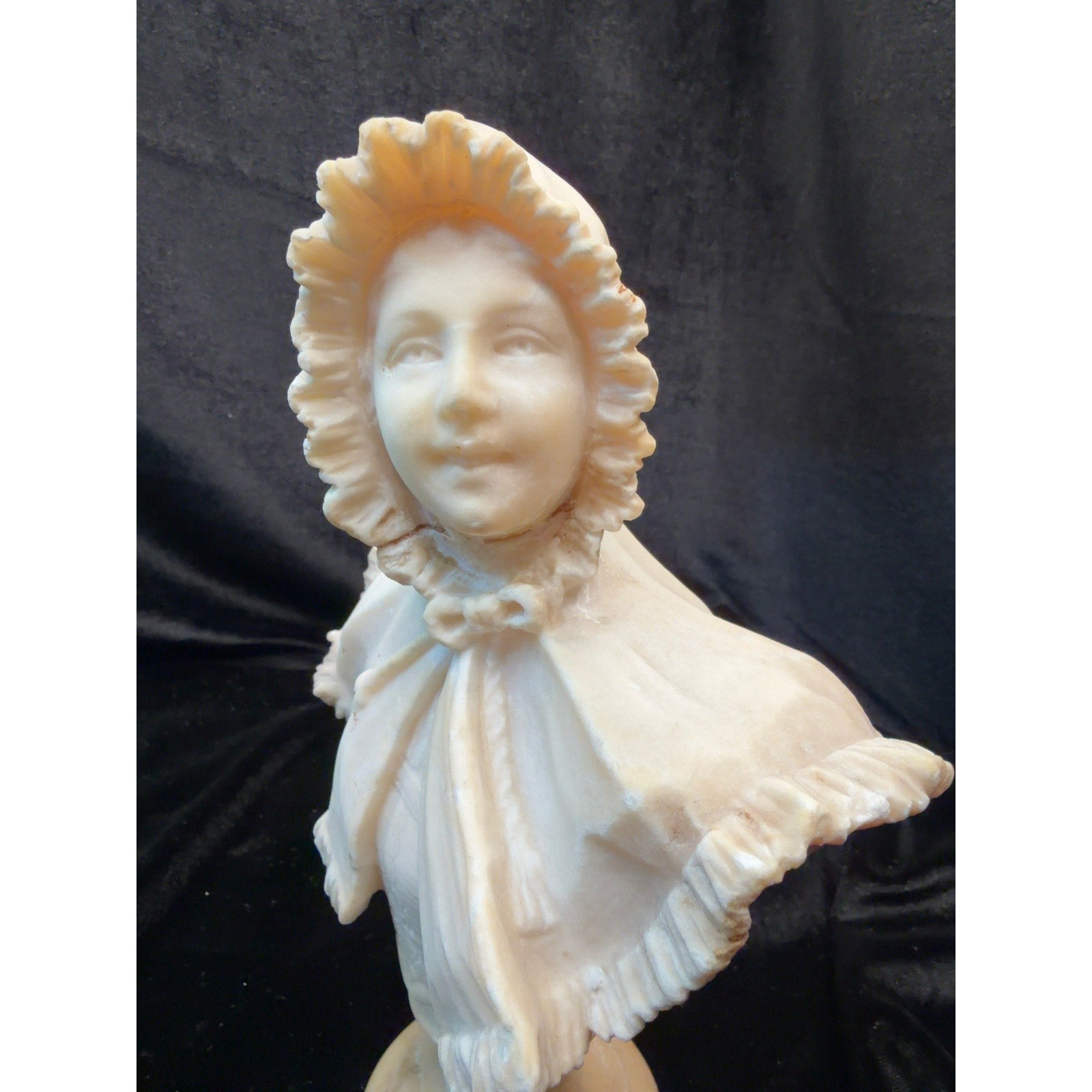 Antique Italian Hand Carved Alabaster Girl Bust Victorian Bonnet Sculpture