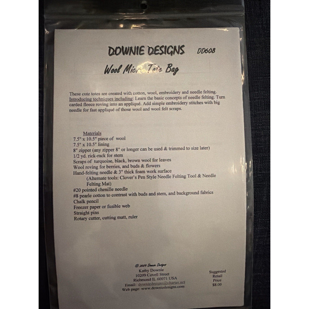 Downie Designs Wool Micro Totes Pattern Needle Felting Embroidery Bag
