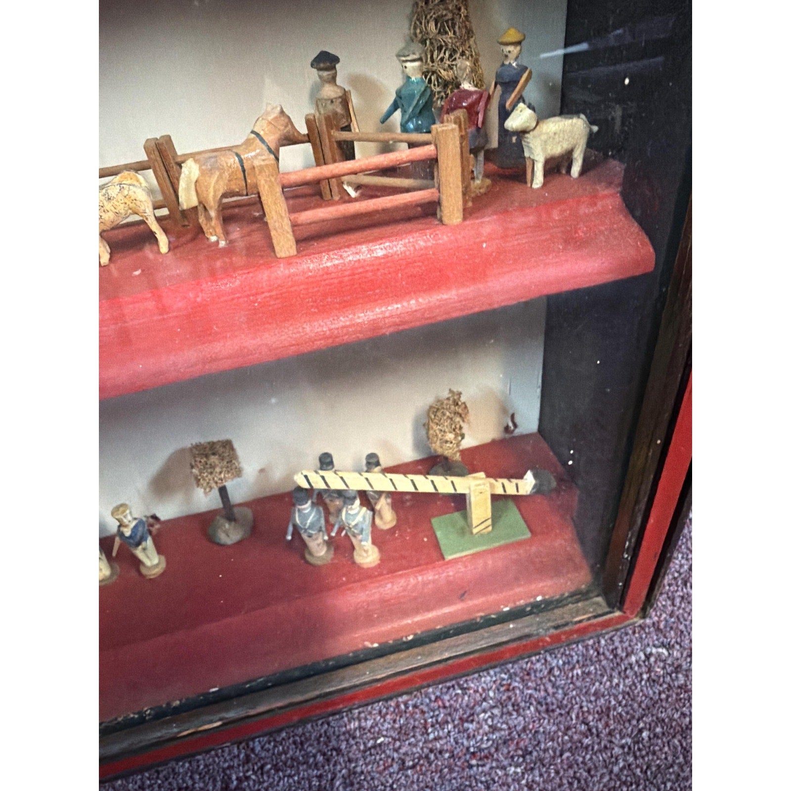 Antique Alpine Folk Art Diorama Shadow Box Miniature Village 15” Wall Cabinet