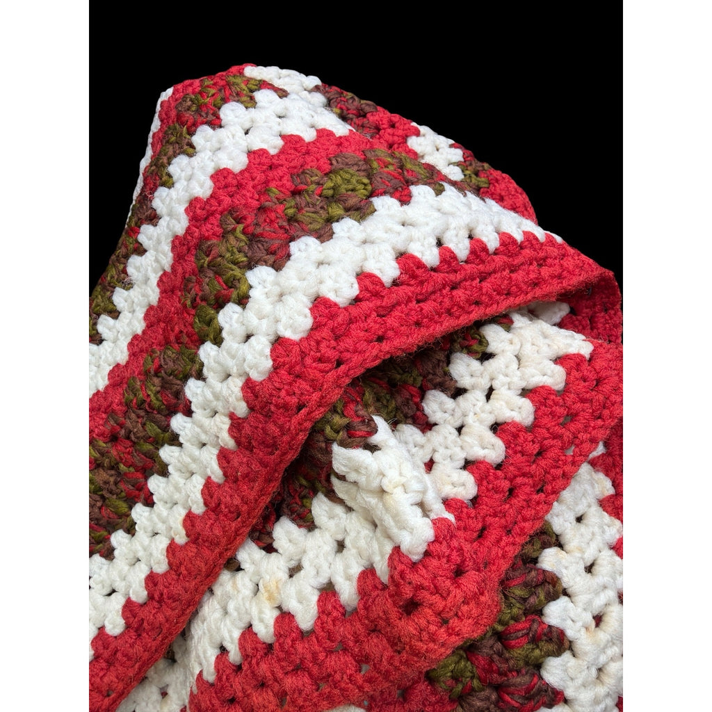 Vintage Handmade Crochet Afghan Throw Red Cream Green Farmhouse Blanket