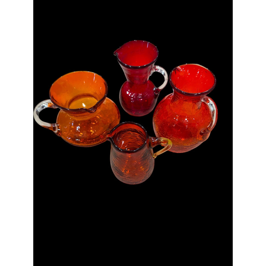 Vintage Crackle Glass Mini Pitchers | Amber Ruby Hand Blown Bud Vases