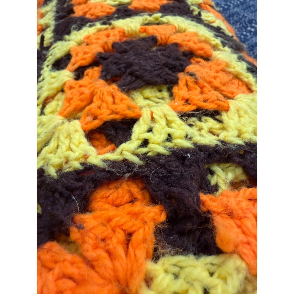 Vintage 1970s Granny Square Afghan Orange Brown Yellow Crochet 72 x 52
