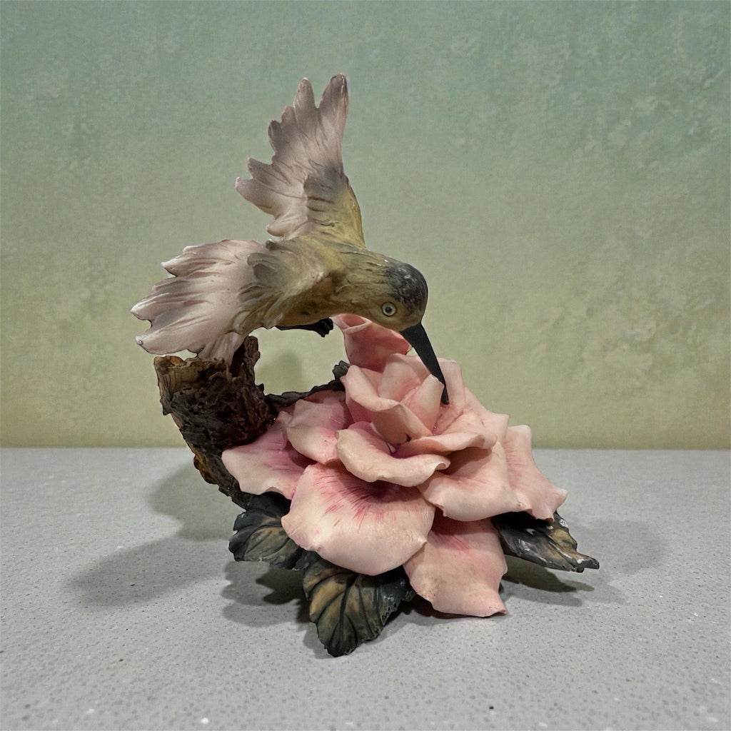 Hummingbird on Pink Rose Figurine Resin Floral Garden Decor Sculpture 8”