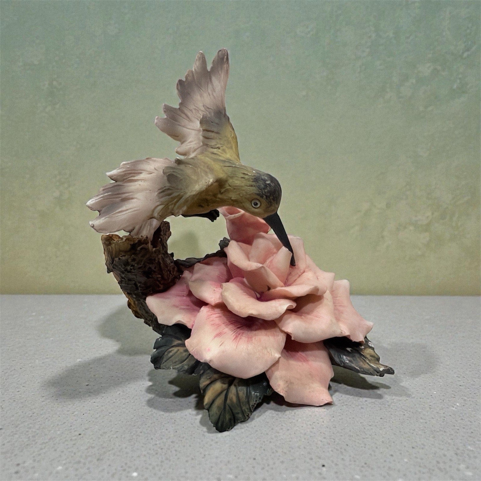 Hummingbird on Pink Rose Figurine Resin Floral Garden Decor Sculpture 8”
