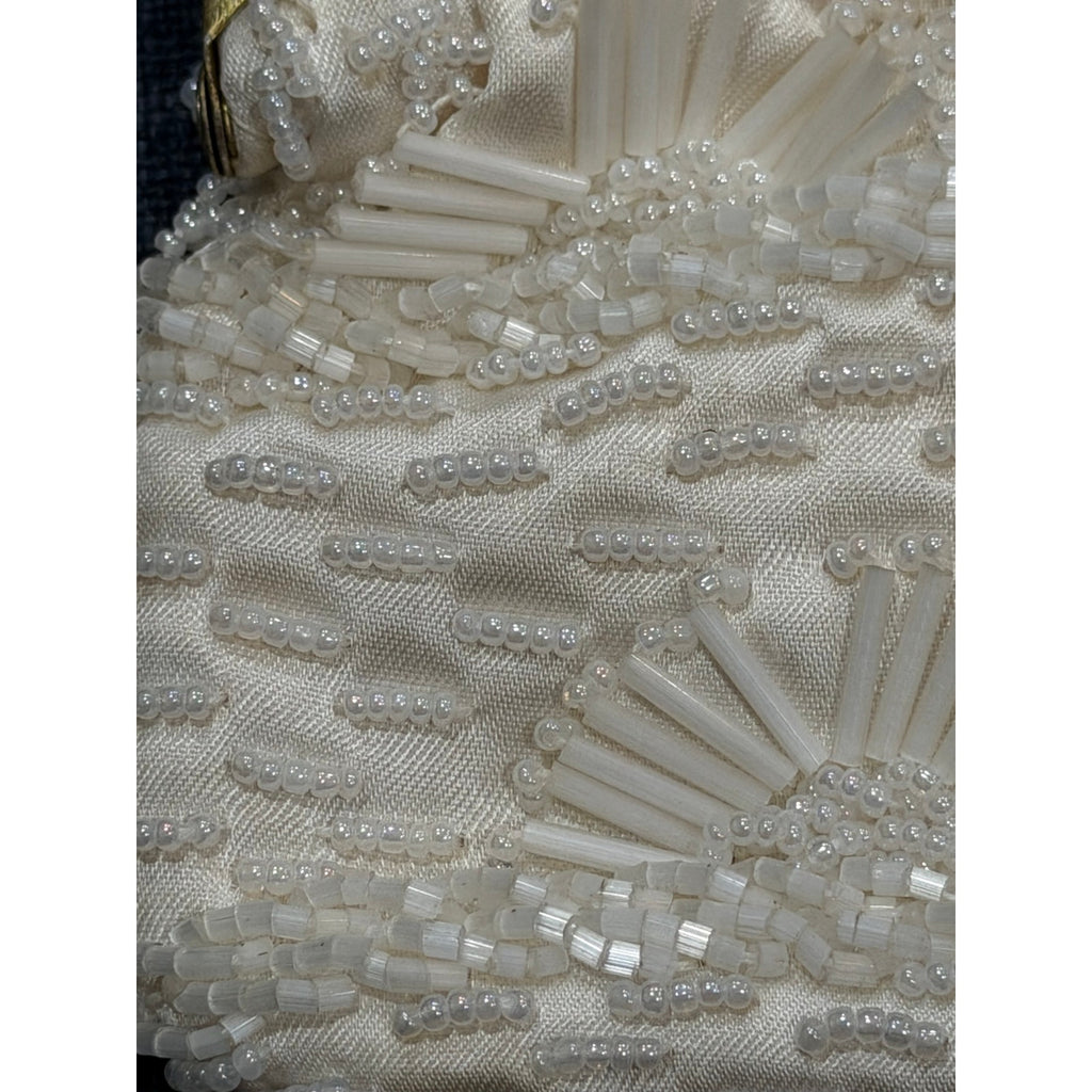 Vintage Beaded Evening Purse & Faux Pearl Necklace Set, Ivory Bridal Handbag