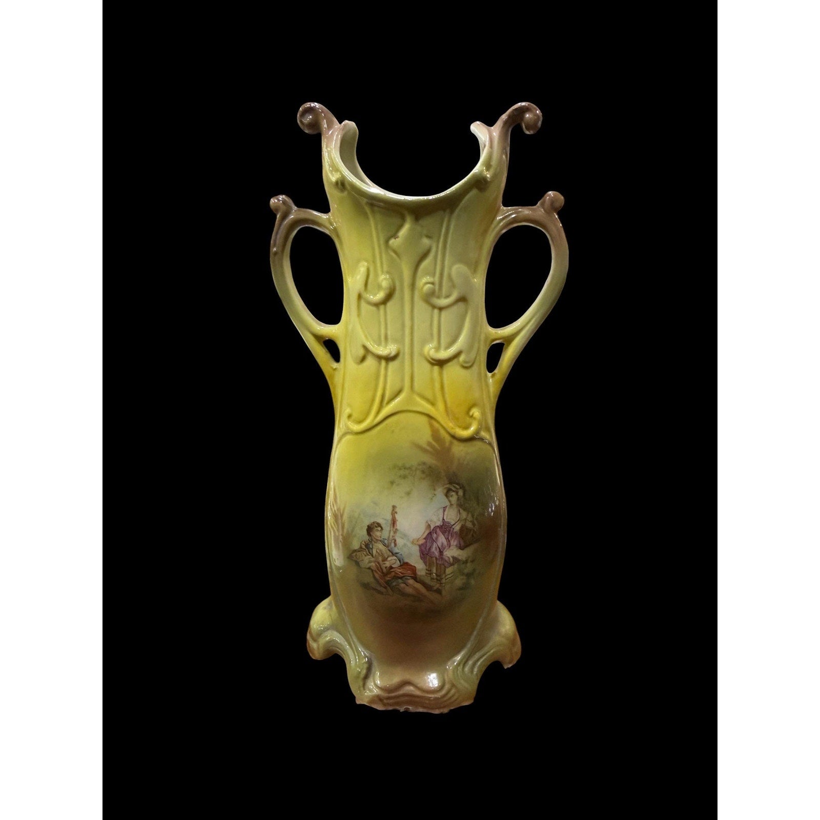 Art Nouveau Bud Vase Romantic Scene French Cottage Decor Double Handle Vase
