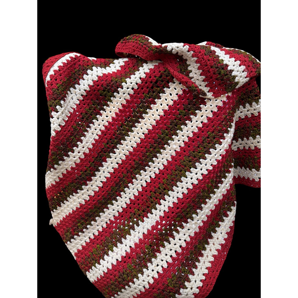 Vintage Handmade Crochet Afghan Throw Red Cream Green Farmhouse Blanket