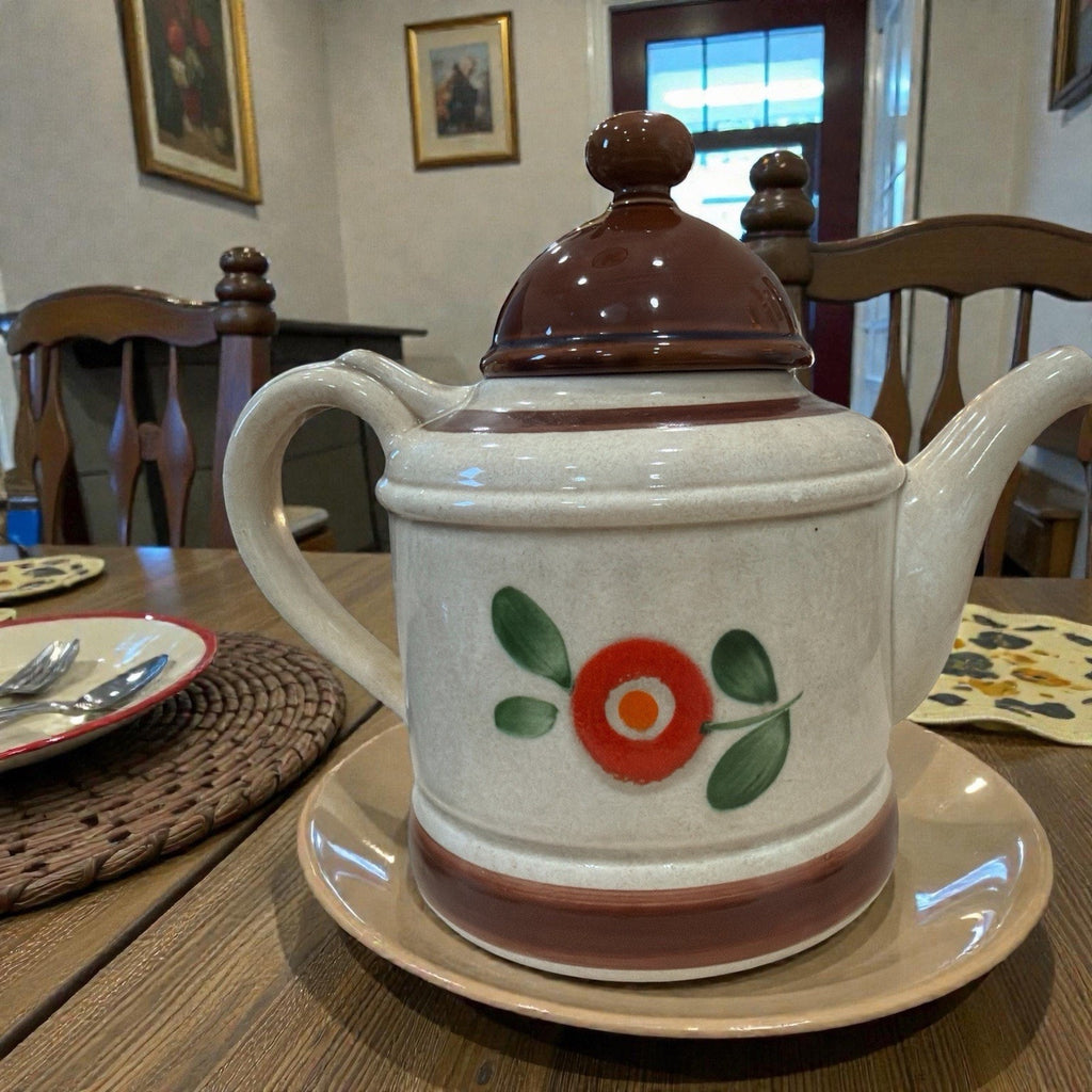 Vintage Hull USA Stoneware Teapot Hand Painted Floral Oven Proof Pot