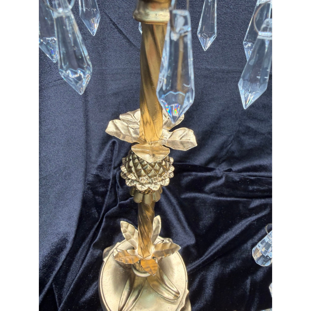 Hollywood Regency Crystal Prism Candlestick Set Gold Floral Candle Holders