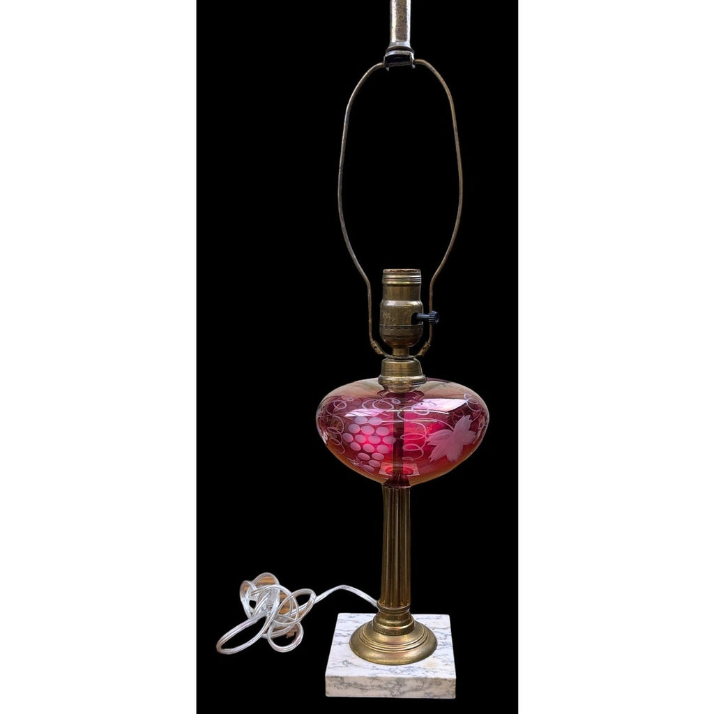 Antique Cranberry Glass Victorian Table Lamp Etched Brass Marble Base