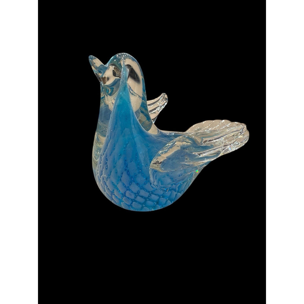 Hand Blown Blue Art Glass Bird Paperweight Figurine 7” Dia Coastal Decor