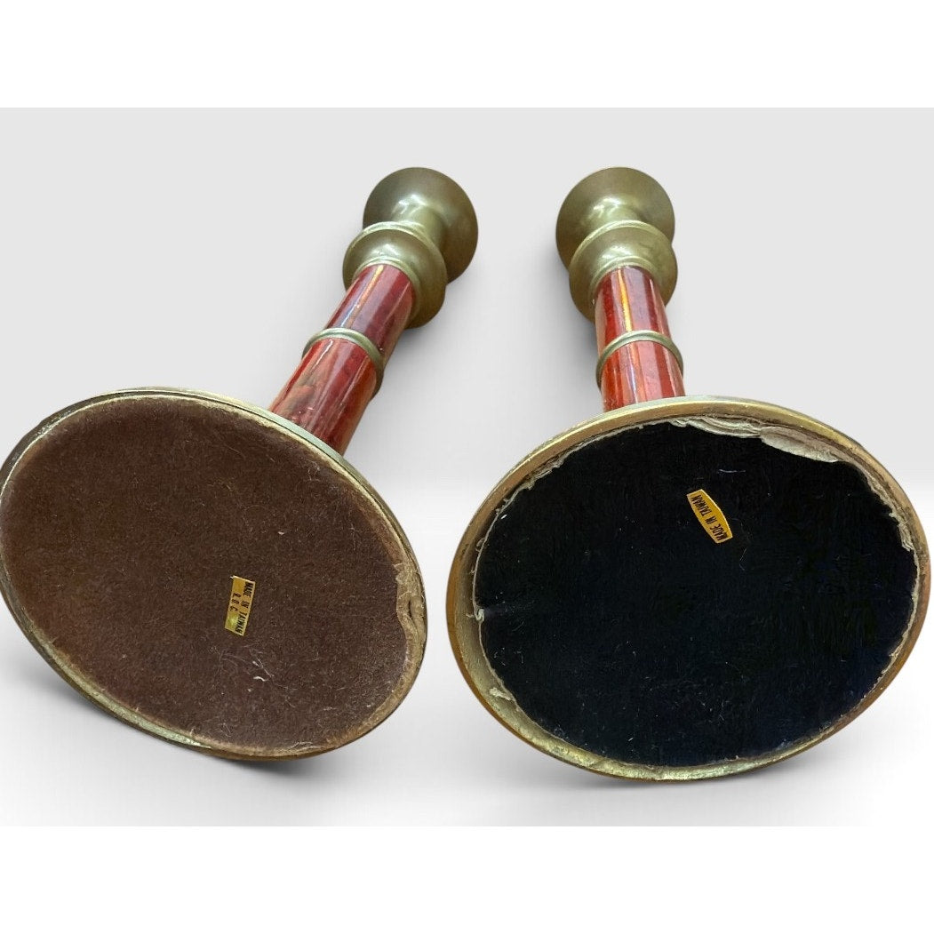 Vintage Brass Faux Marble Candlesticks Pair Red Taiwan R.O.C. 10 Inch – additional view 3