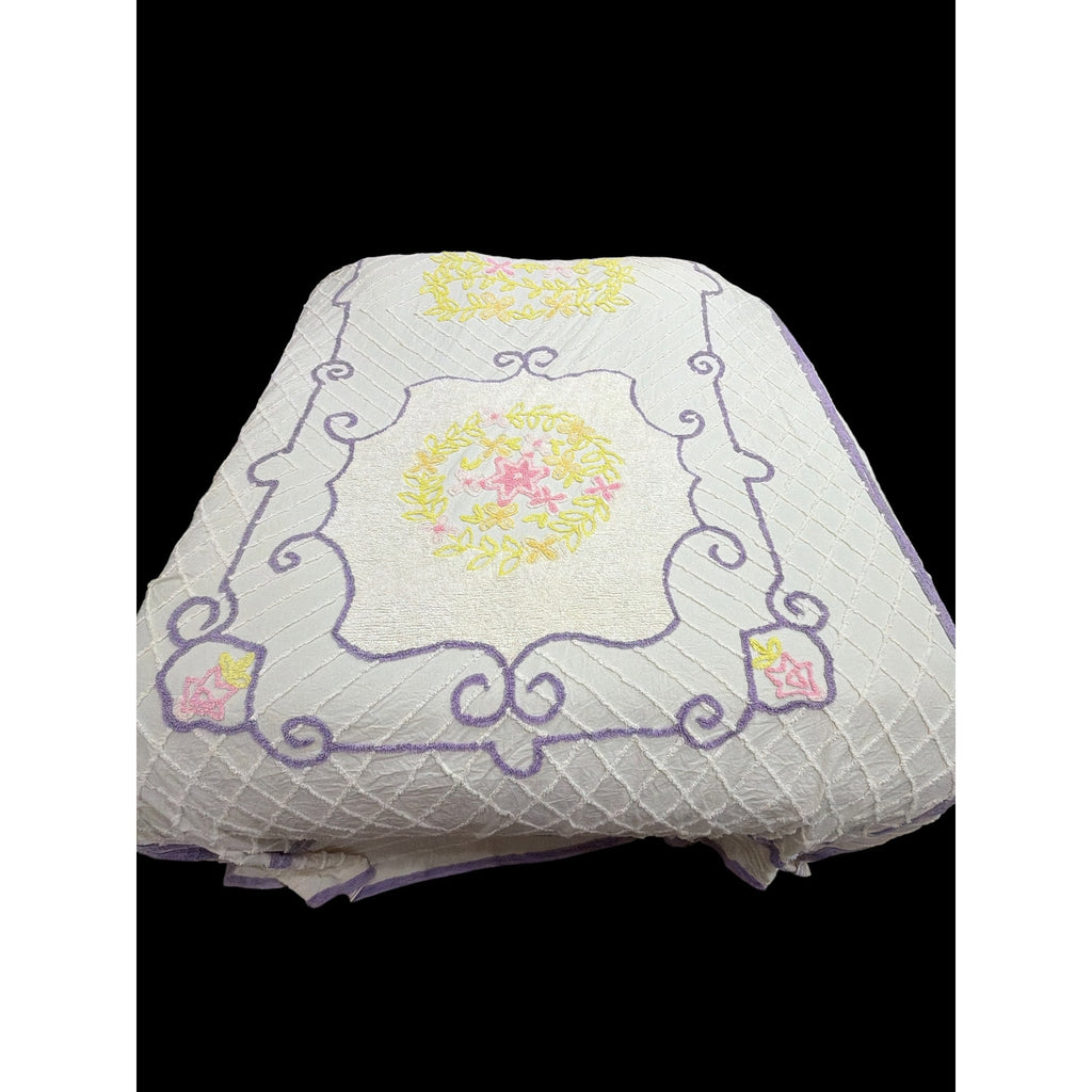 Vintage Chenille Bedspread King 108 x 122 Floral Lavender Pink Yellow – additional view 2