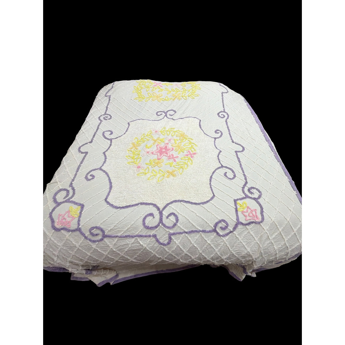 Vintage Chenille Bedspread King 108 x 122 Floral Lavender Pink Yellow – additional view 2