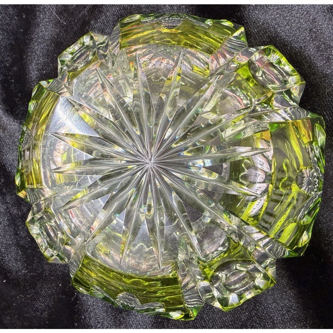 Vintage Peridot Green Cut Crystal Rose Bowl Cut to Clear Floral 4 Inch