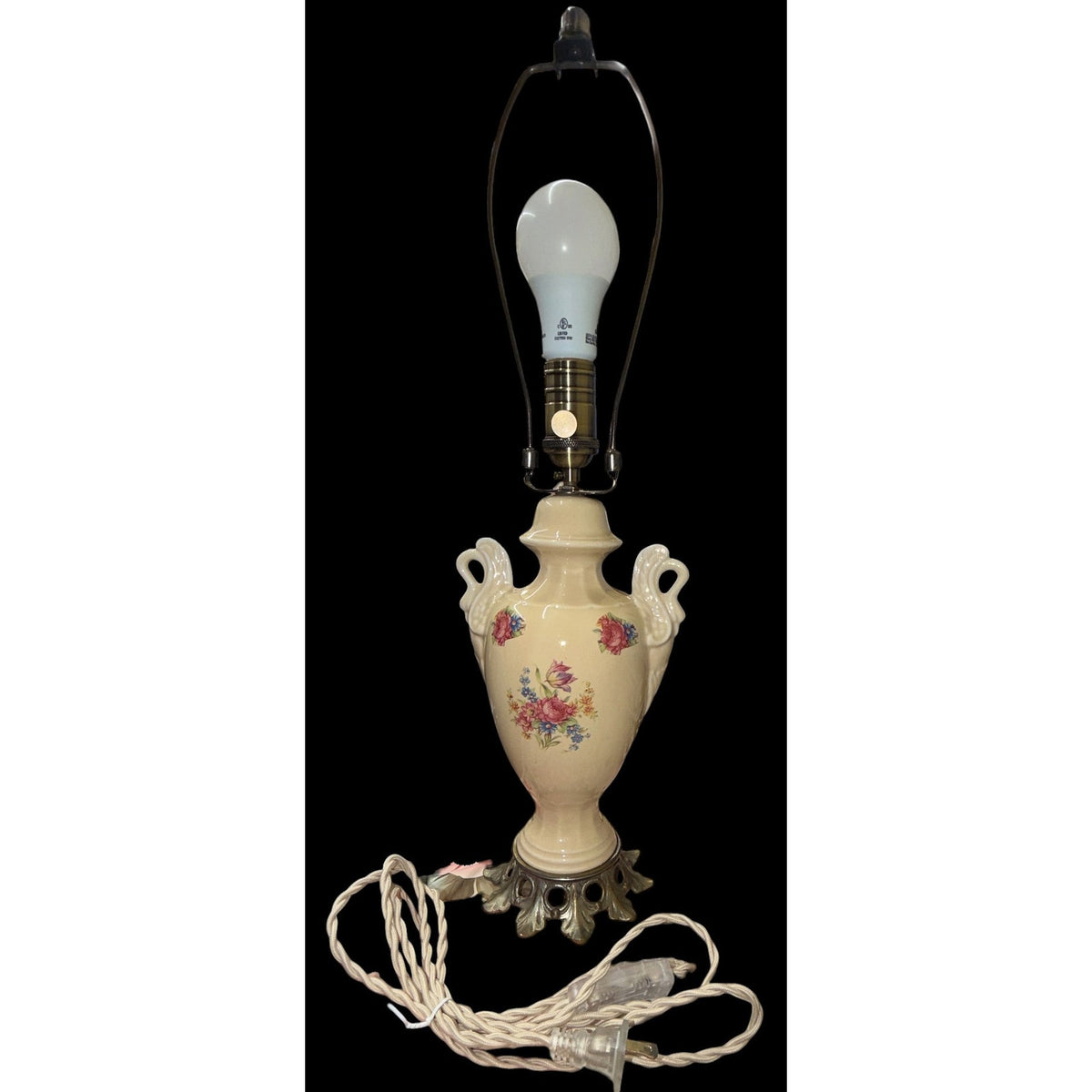 Vintage Floral Swan Handle Boudoir Lamp Cream Ceramic Urn Ruffled Shade