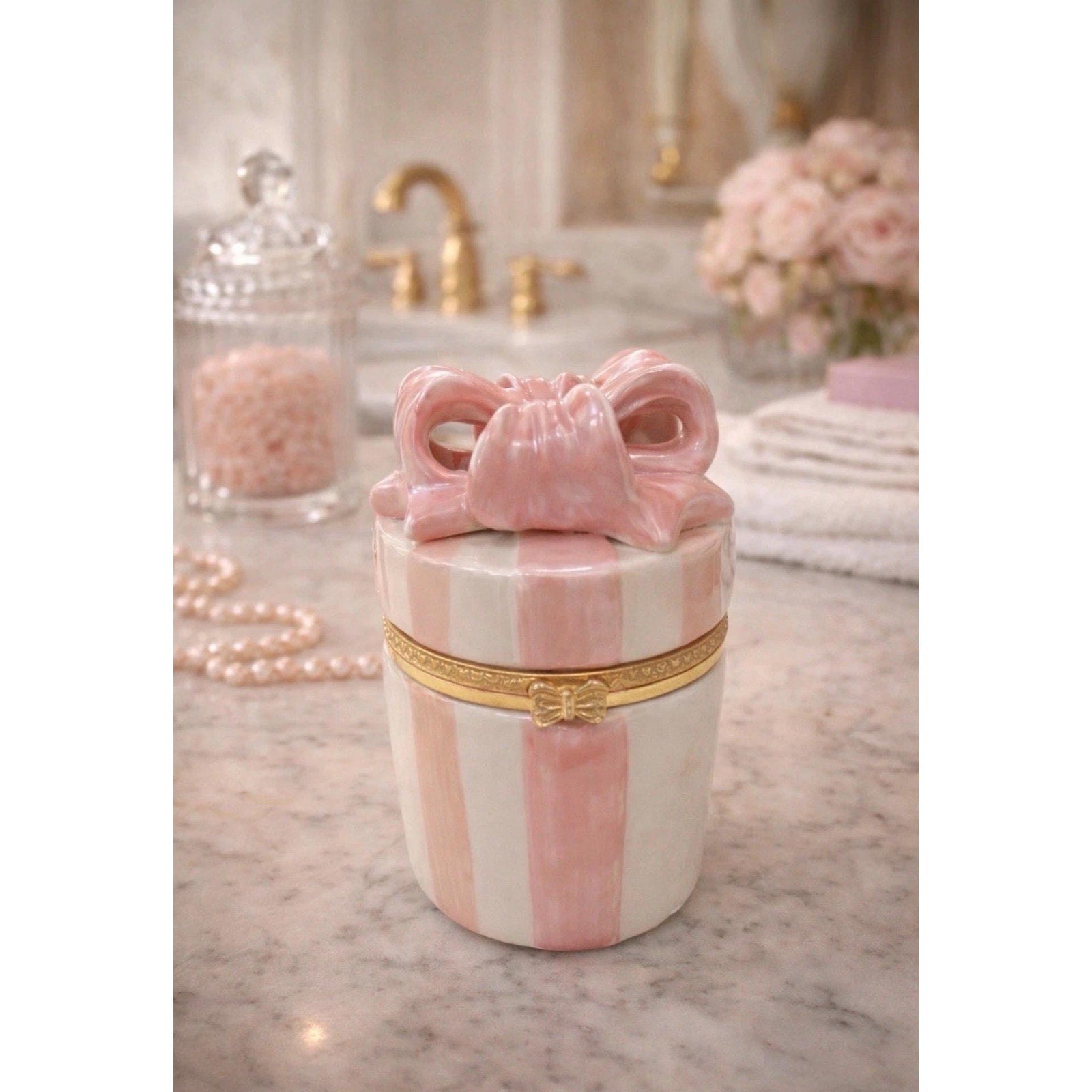 Vintage Hermitage Pottery Bow Trinket Box – Pink & White Hinged Keepsake – Romantic Vanity Decor