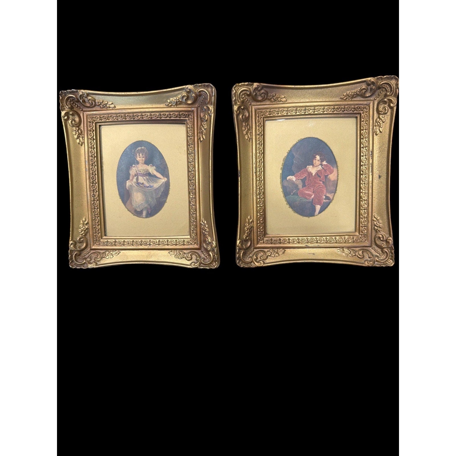 Vintage Romantic Portrait Wall Art Pair Gold Ornate Frames Cottage Decor